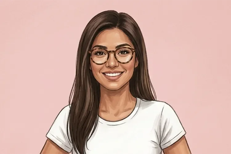 Illustrated portrait of Daniella Gomez, TheWellnessExaminer's makeup and lifestyle editor, smiling in glasses and a white t-shirt against a soft pink background.