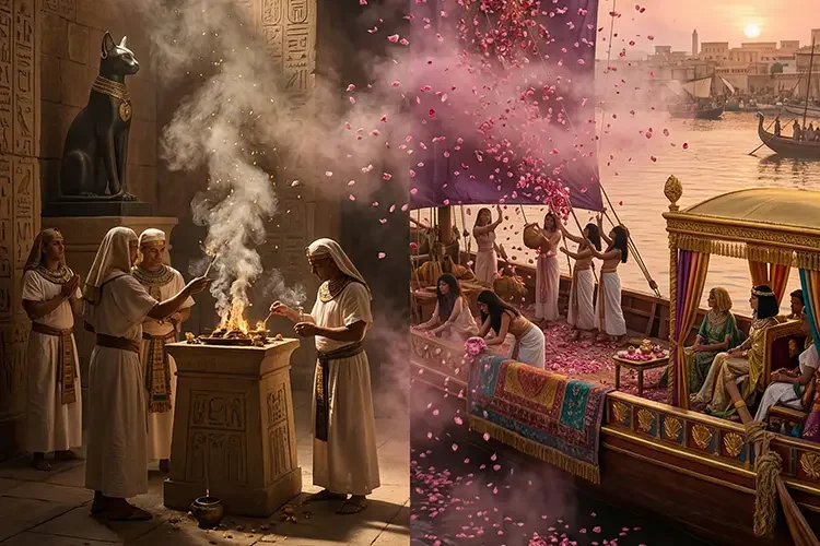 A visual blend of sacred Egyptian incense rituals and Cleopatra’s legendary rose-scented ship sails.