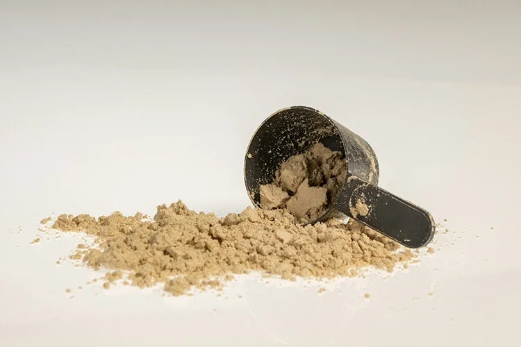 A protein powder scoop on a clean surface, representing the essential building blocks of a healthy daily diet.