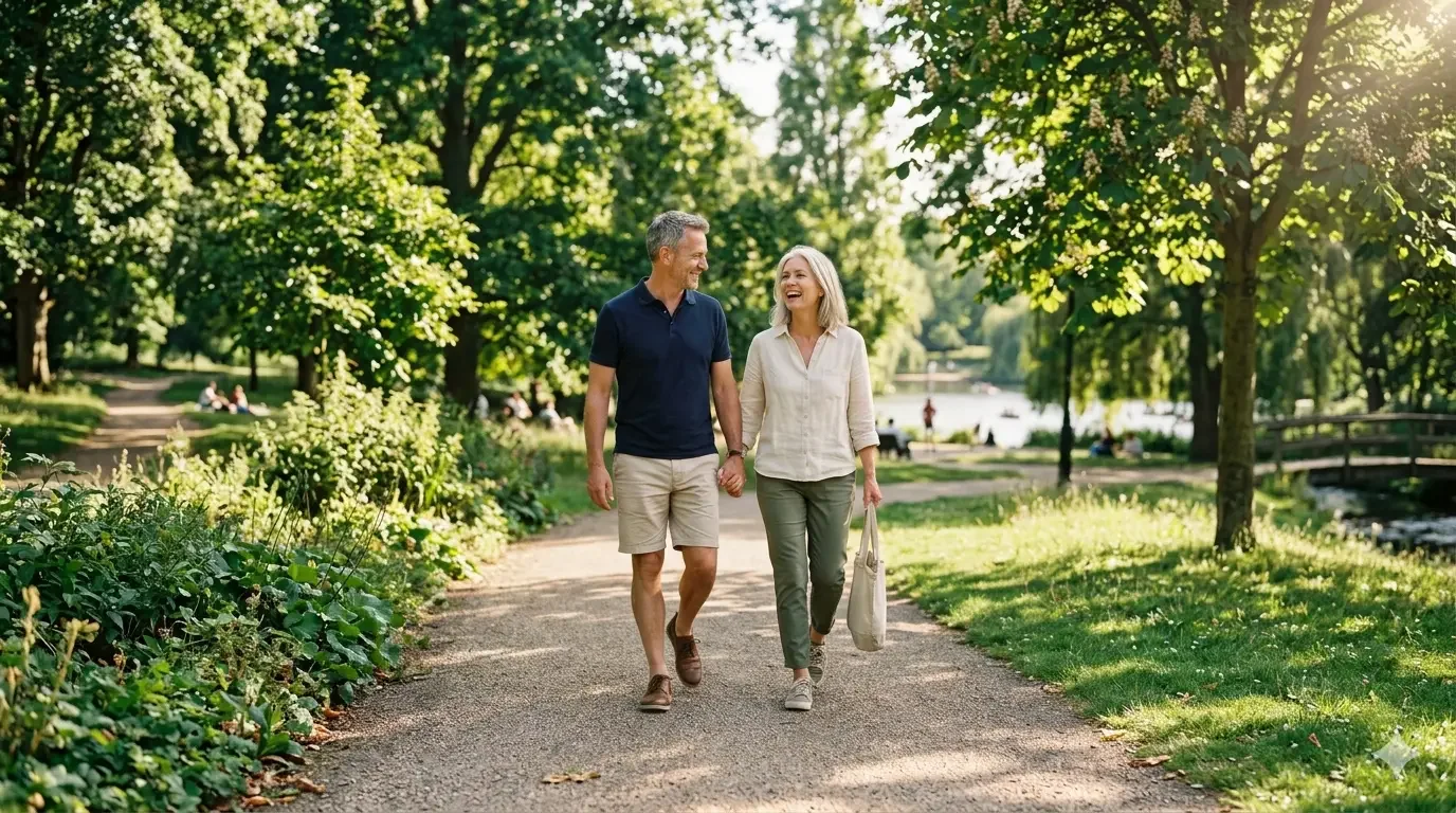 A happy, middle-aged couple is holding hands and smiling while walking together on a sunlit park path. This represents a healthy, active lifestyle promoted by TheWellnessExaminer.