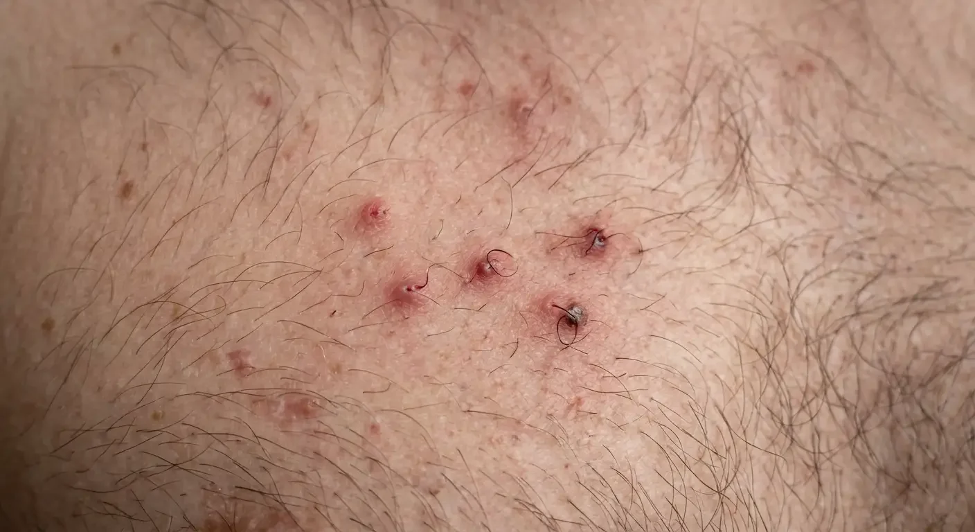 A close-up view of skin inflammation and ingrown hairs on a male chest area.