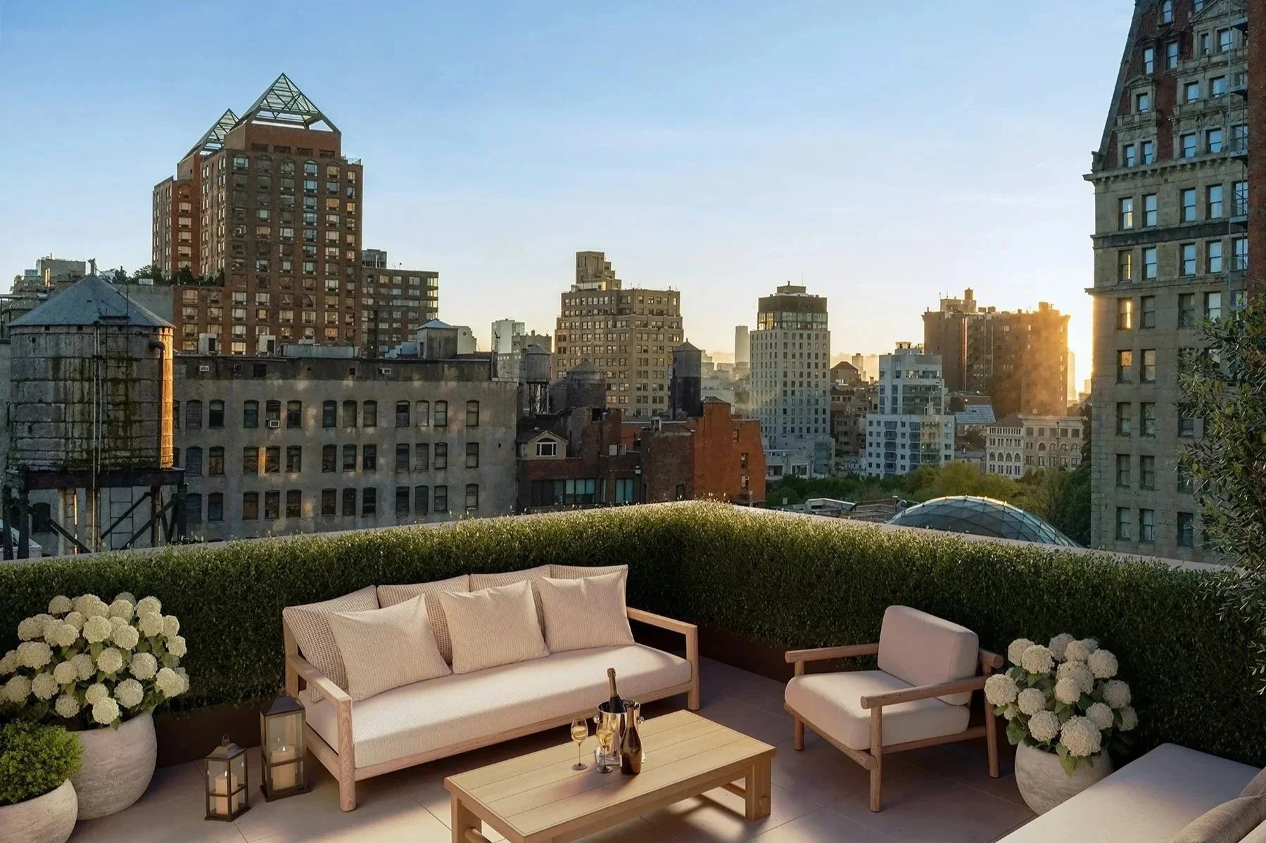 Landscaped rooftop terrace with skyline views