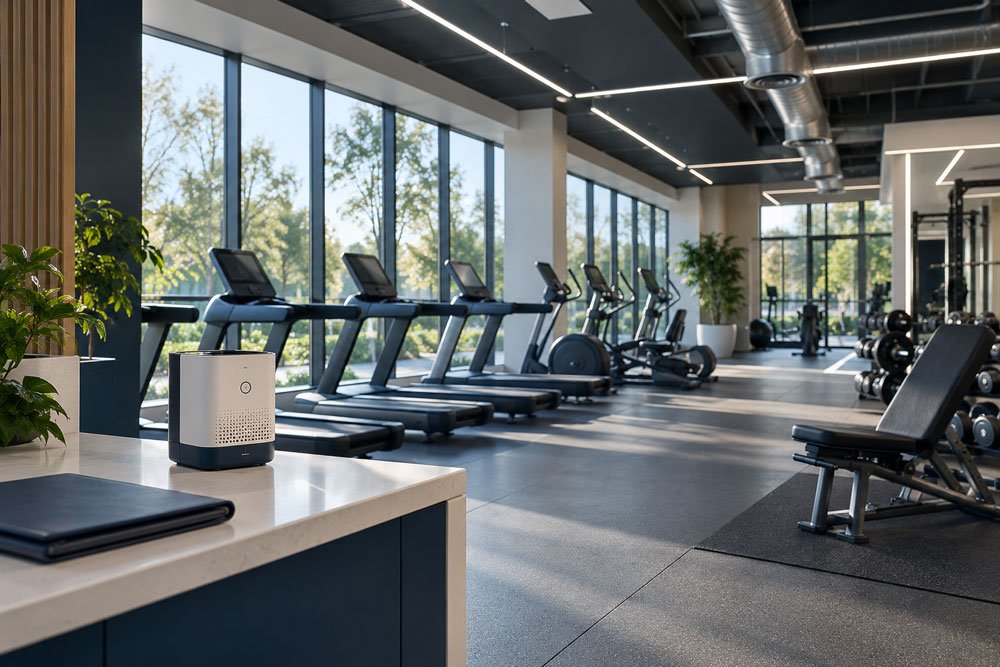 Modern gym with treadmills, ellipticals, weight benches, and free weights, illuminated by natural light from large windows.