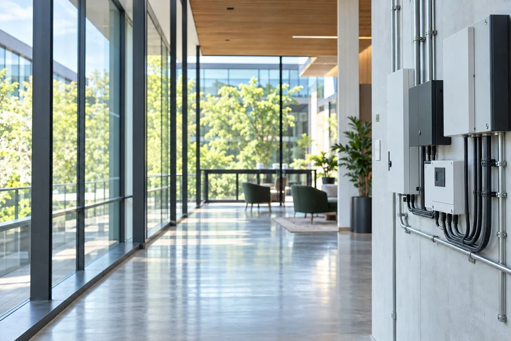 Modern office corridor with large glass windows and greenery outside, featuring electrical control panels on the wall.