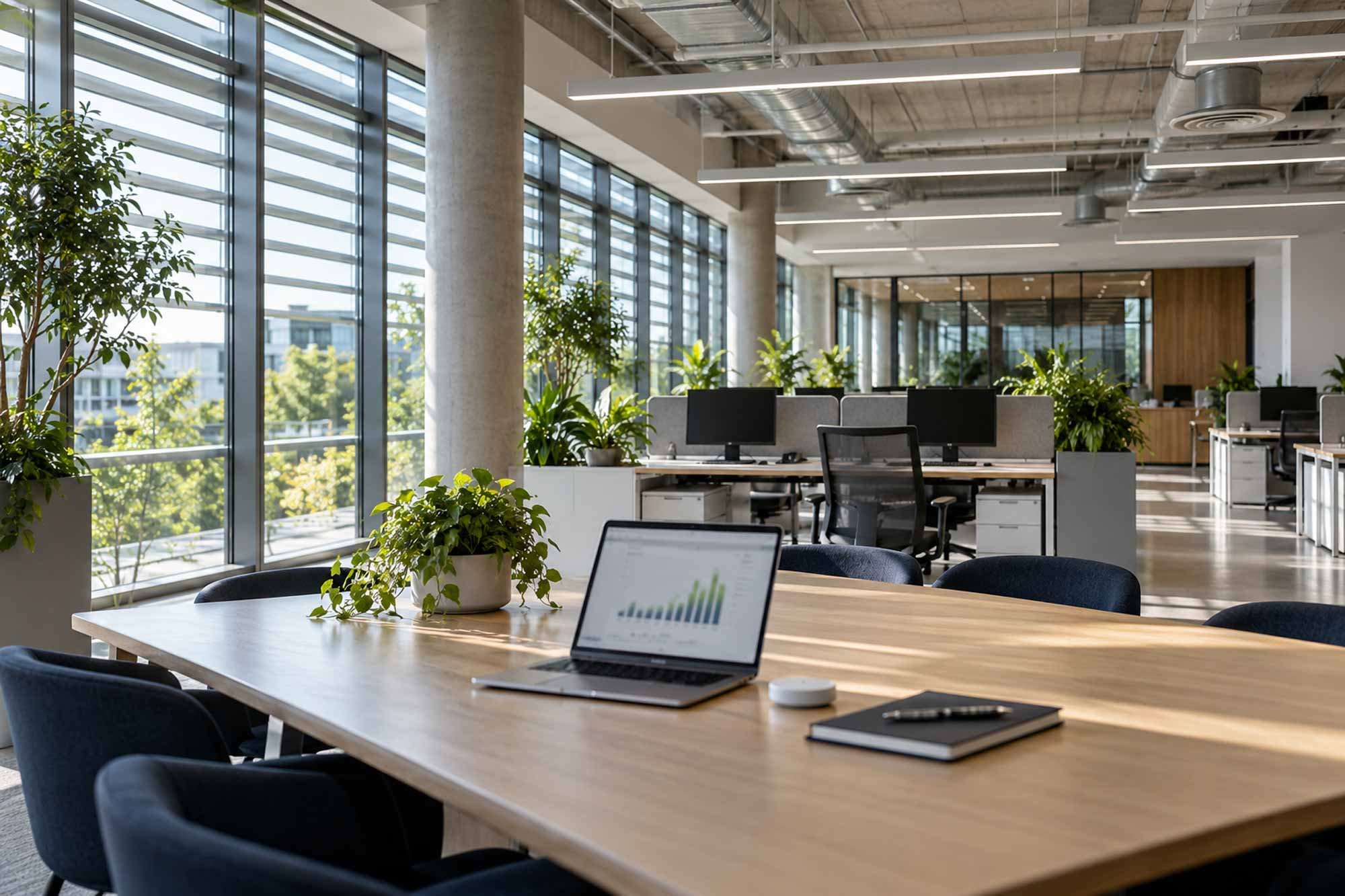 Modern office space with large windows, natural sunlight, plants, workstations with computers, and a conference table with chairs. A laptop with a graph displayed on the screen is on the table.
