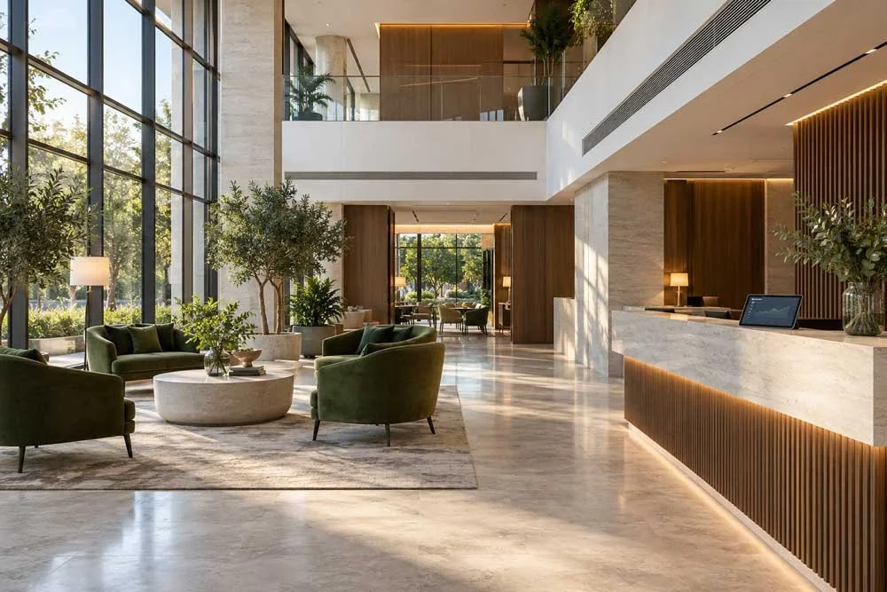 Modern hotel lobby with large glass windows, green lounge chairs, indoor plants, reception desk, and stylish interior design.