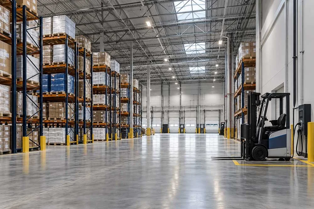 Empty warehouse with tall shelves stacked with boxes and a forklift near the wall.