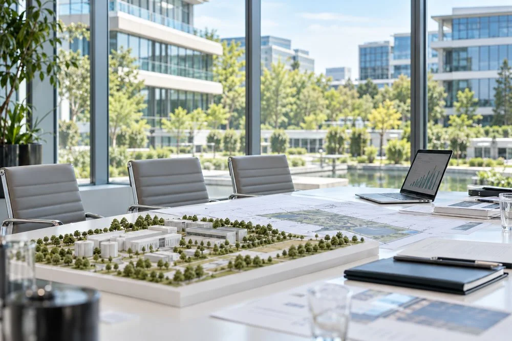 A modern conference room with a large architectural model on the table, surrounded by chairs, with a laptop and documents, and large windows overlooking a cityscape with trees and office buildings.