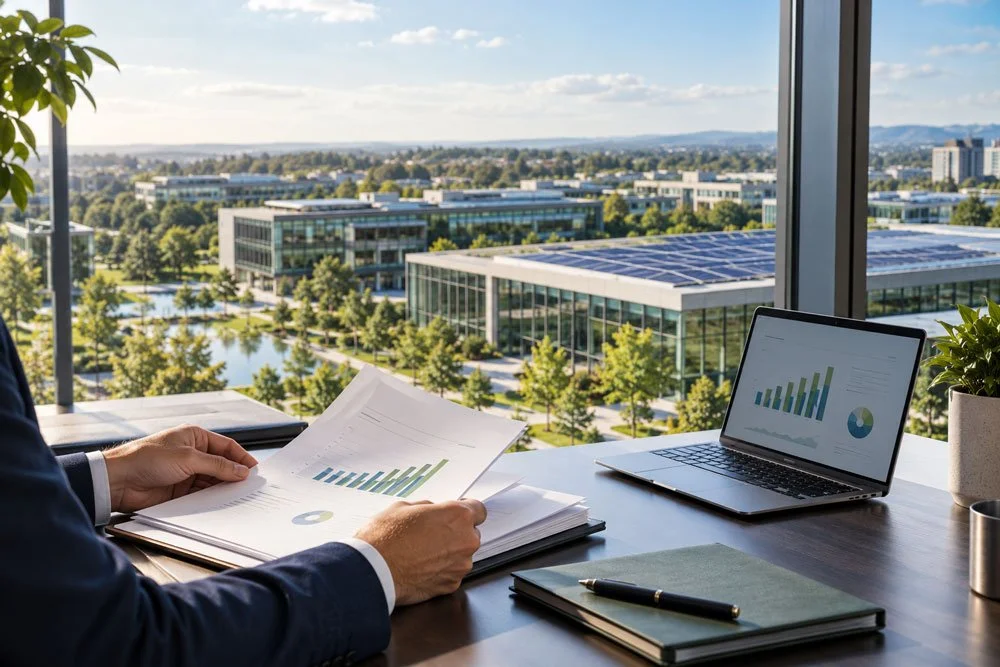 A person sitting at a desk in an office, reviewing documents with bar charts, with a laptop showing data charts, and a large window with a view of modern office buildings and a landscaped area outside.