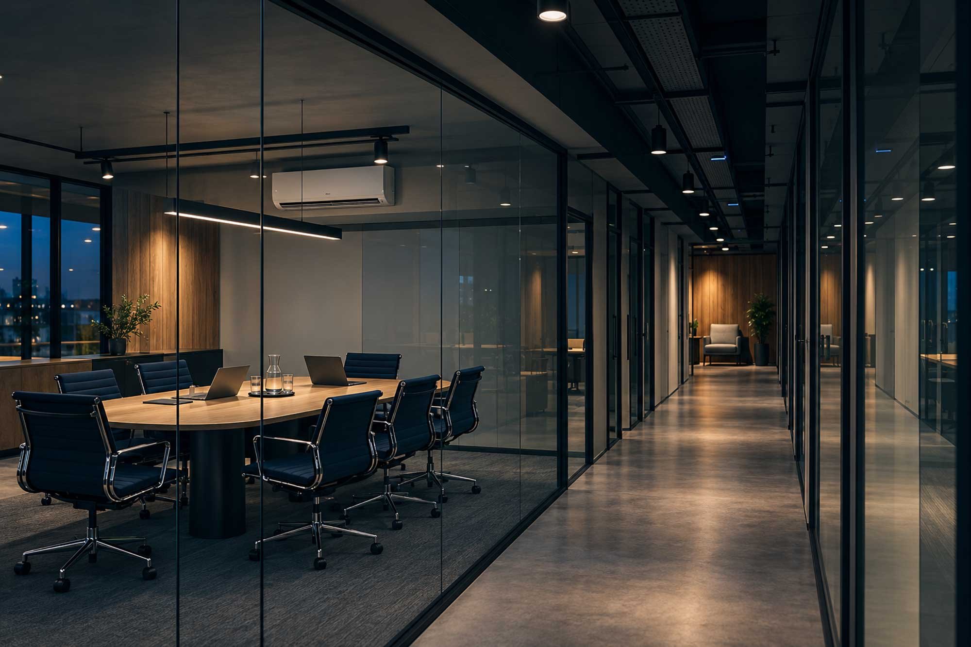 Interior of a modern conference room with a large wooden table, black chairs with metal frames, laptops, and glass walls with a corridor in the background featuring lounge chairs and potted plants, illuminated by ceiling lights.