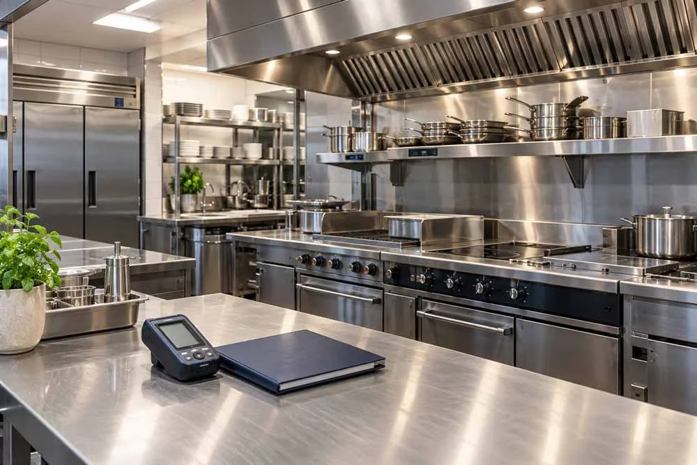 A professional stainless steel commercial kitchen with cooking appliances, shelves with dishes, and a counter with a potted plant, a digital timer, and a closed notebook.