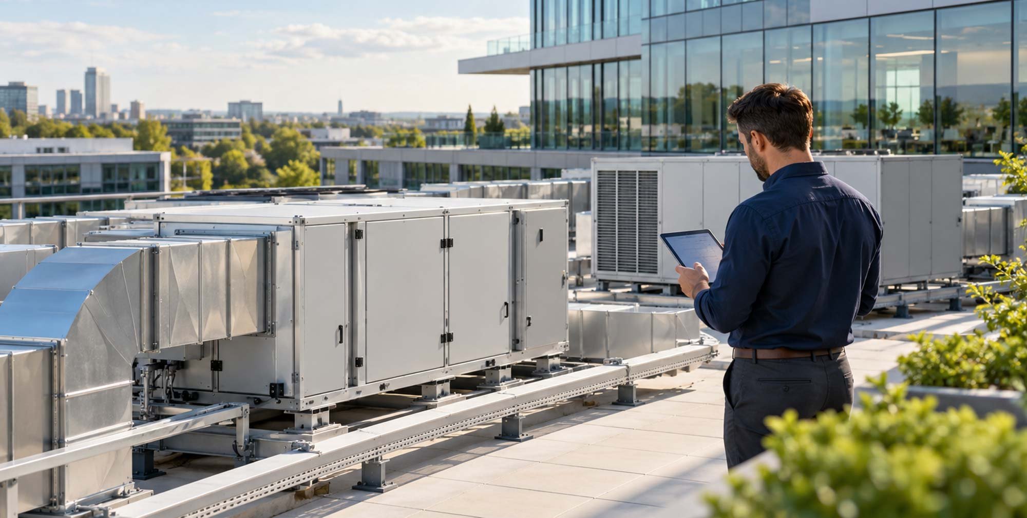 A man in a dark blue shirt and dark gray pants standing on a rooftop, looking at a tablet device. Behind him are large HVAC units and a glass-covered building with a cityscape in the background under a partly cloudy sky.