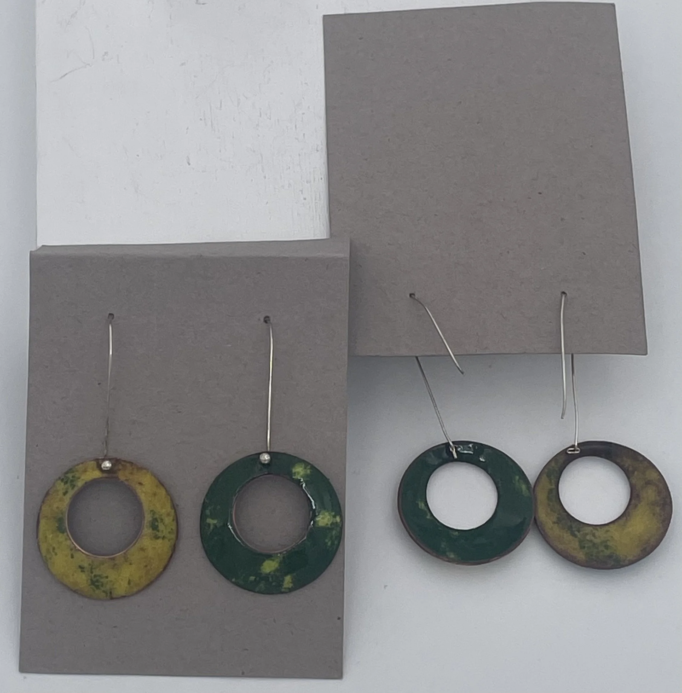 Green and Yellow Enameled Copper Disc Earrings