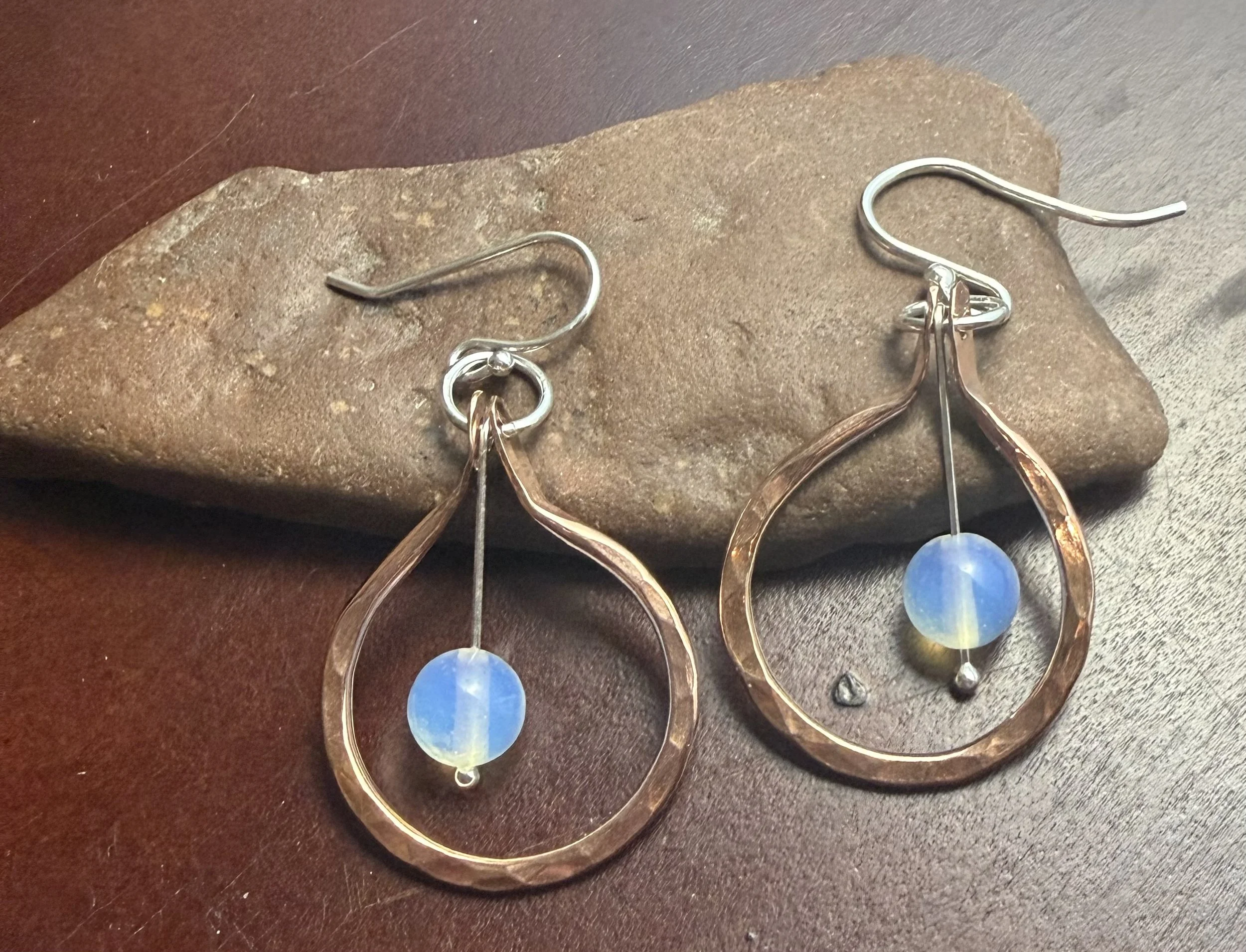 Hand-Hammered Copper Drop Earrings with White Opal