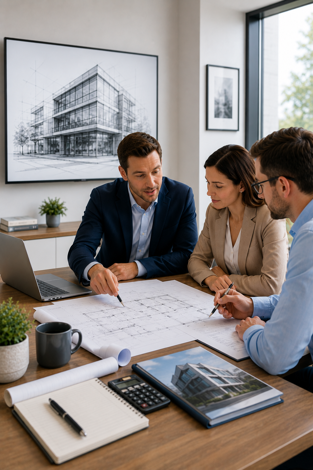 Tax advisors reviewing commercial building blueprints for a cost segregation study to accelerate depreciation and maximize tax deductions