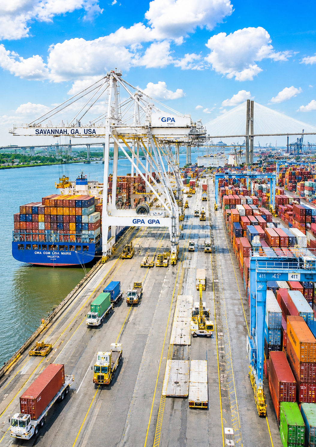 Georgia Port of Savannah with GPA cargo cranes and container ships — qualifying port activity for the Georgia Port Activity Tax Credit