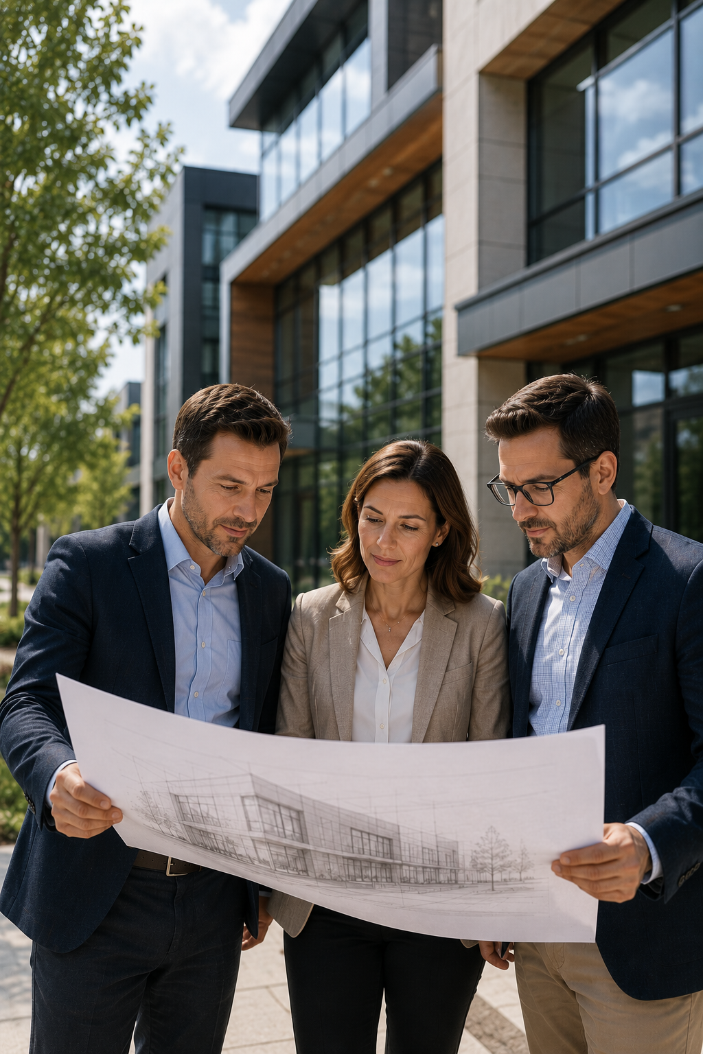 Property owners and CPA reviewing commercial building plans for a cost segregation study to reclassify components and accelerate depreciation deductions