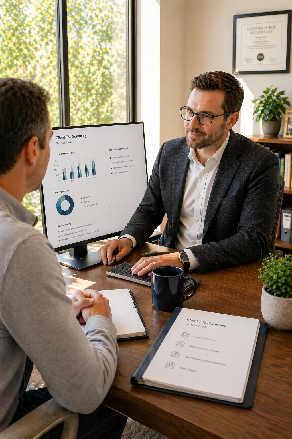 A man in a business suit and glasses sitting at a desk with a computer monitor displaying a client tax summary, talking to another man in a gray blazer. The desk has a notebook, a black mug, and a client file summary sheet. There are plants and framed certificates on the wall.