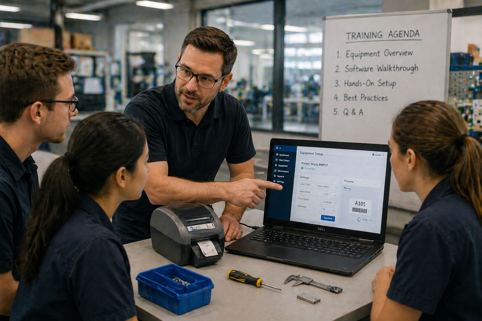 Four people in a workshop or training room reviewing equipment setup on a laptop, with a whiteboard in the background listing a training agenda.