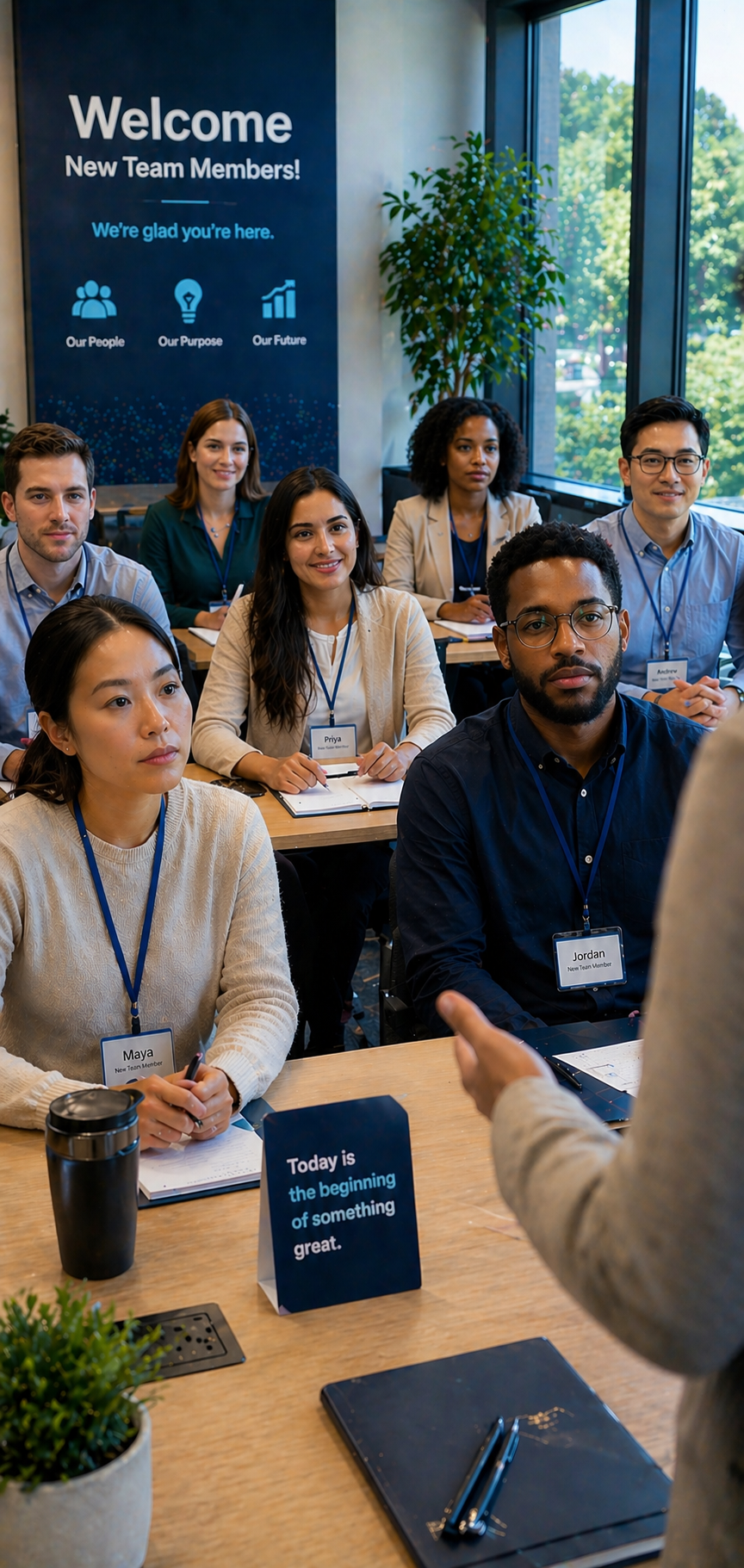 A diverse group of young professionals attending a meeting or workshop, sitting at a table with notebooks, pens, and name tags, listening attentively to a speaker in a bright conference room with large windows. A blue banner on the wall welcomes new team members and highlights values such as 'Our People,' 'Our Purpose,' and 'Our Future.' A small sign on the table reads, 'Today is the beginning of something great.'