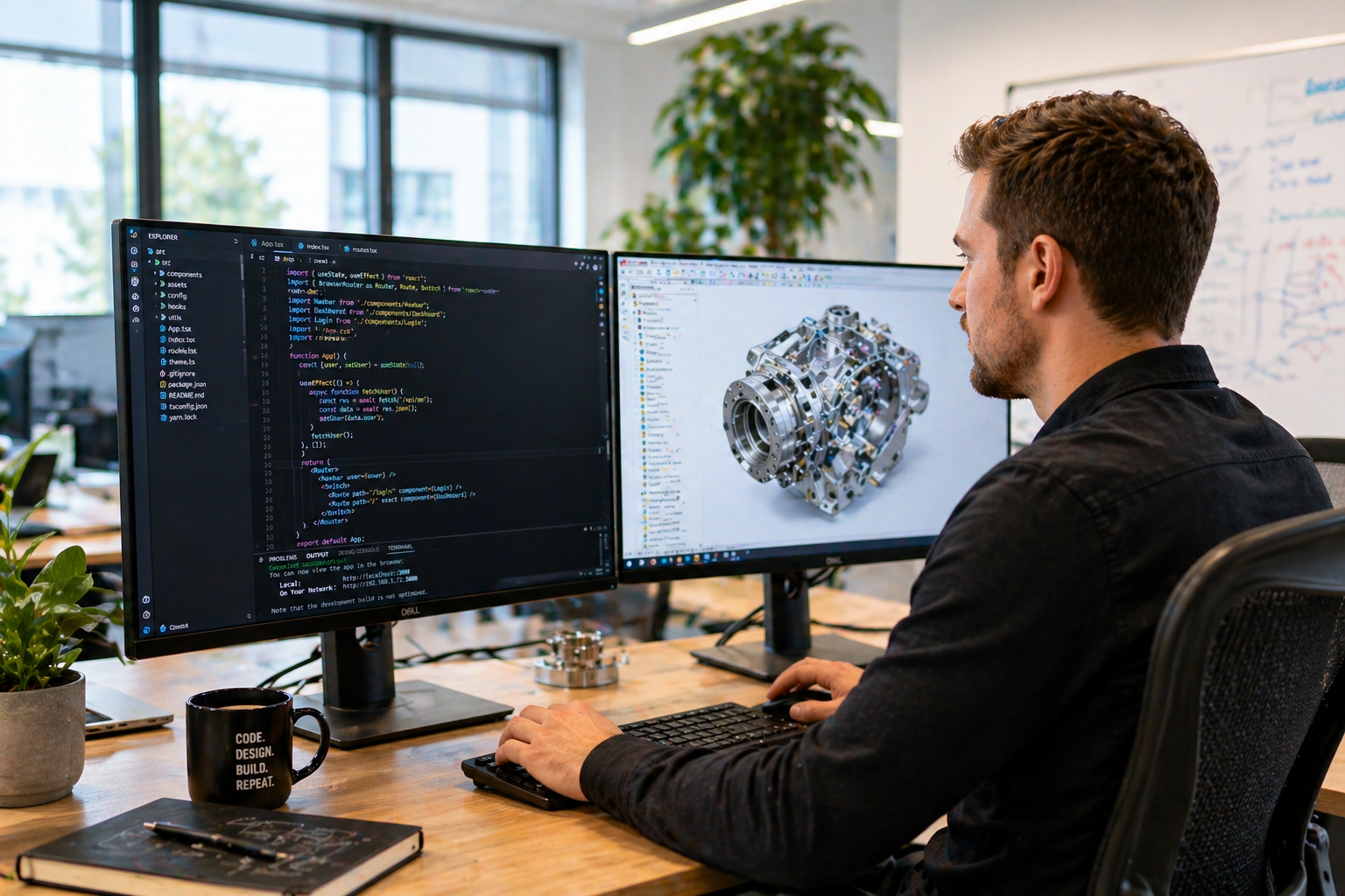 Software engineer performing qualifying R&D activities — writing code and running 3D CAD modeling on dual monitors, work that may qualify for the Federal R&D Tax Credit