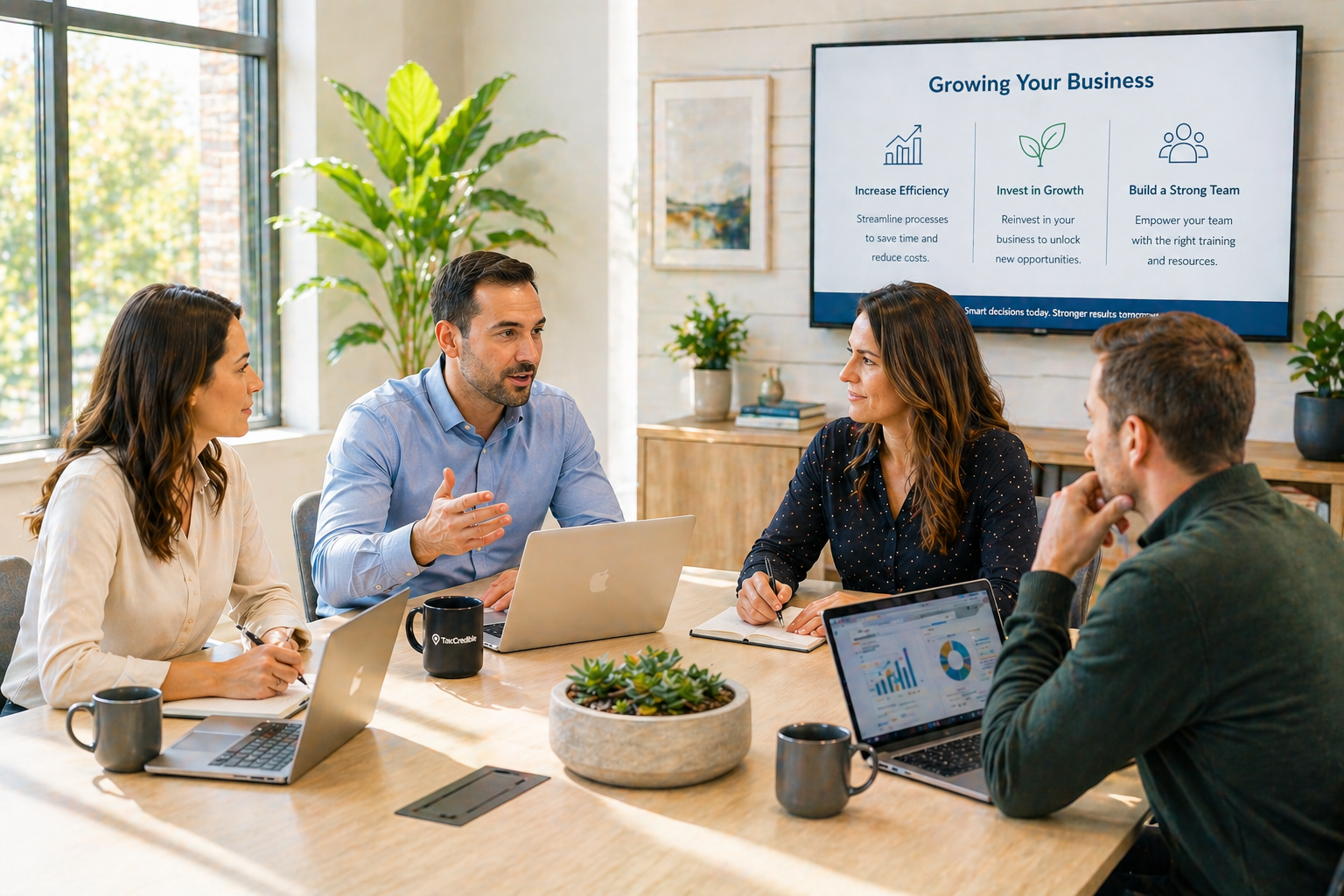 A group of four professionals engaged in a discussion during a business meeting in a bright conference room. They are seated around a wooden table with laptops and coffee mugs. Behind them is a large screen displaying a presentation titled 'Growing Your Business' with key points about increasing efficiency, investing in growth, and building a strong team. The room is decorated with plants and artwork, and large windows let in natural light.