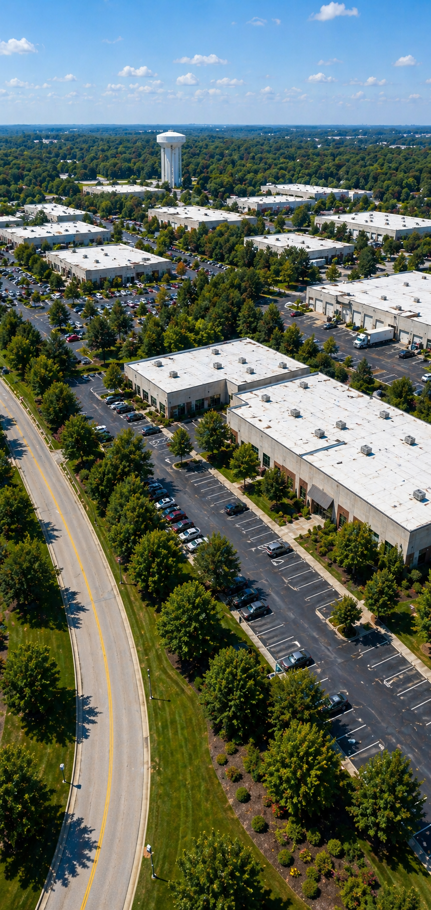 An aerial view of a commercial area with multiple white-roofed buildings, parking lots filled with cars, and surrounded by green trees under a partly cloudy sky.