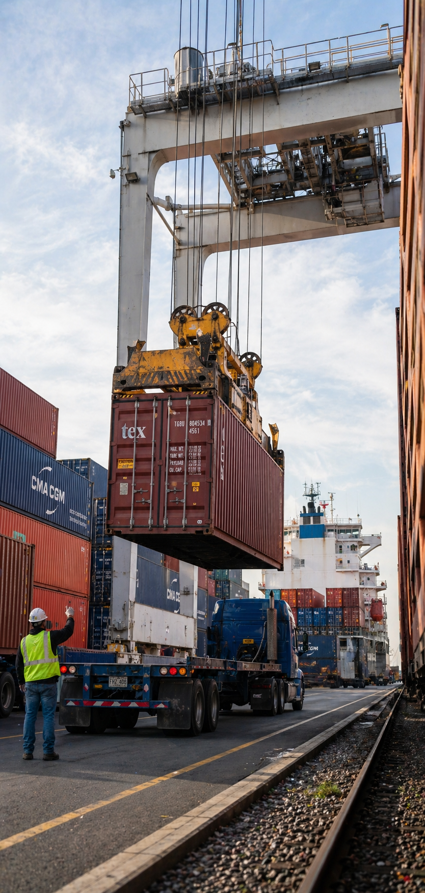 Port worker managing qualifying cargo container shipments at a Georgia port facility — businesses that grow import or export volume 10% may earn the Georgia Port Activity Tax Credit