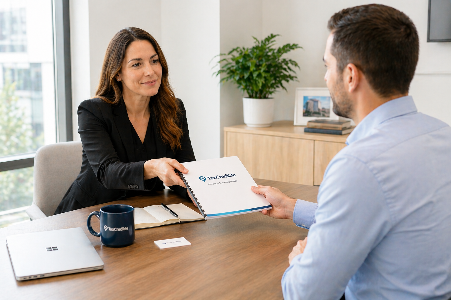 Businesswoman handing a TaxCredible report to a man in an office setting