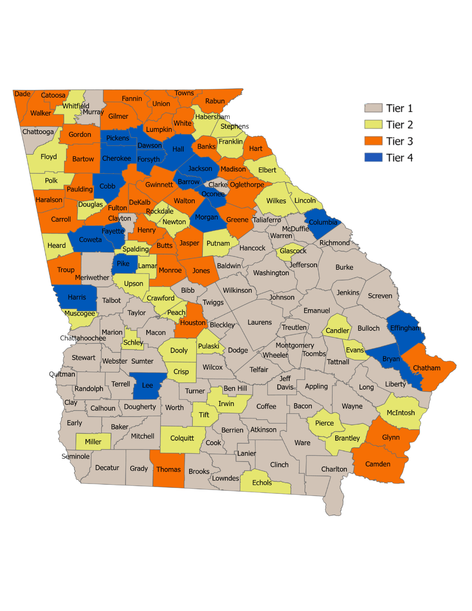 Georgia county tier map showing Investment Tax Credit rates of 1% to 8% per county — higher-tier counties qualify for greater capital investment creditsInvestment Tax Credit County Tiers
