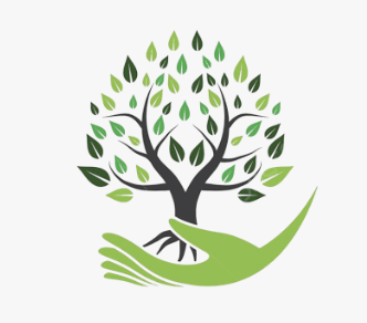 A stylized tree with green leaves held by a green hand, symbolizing environmental care or sustainability.