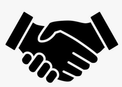 Simple black and white illustration of a handshake.