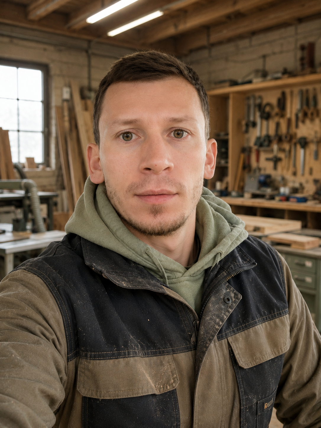 A young man taking a selfie in a woodworking shop, with various tools, wood pieces, and workbenches in the background.