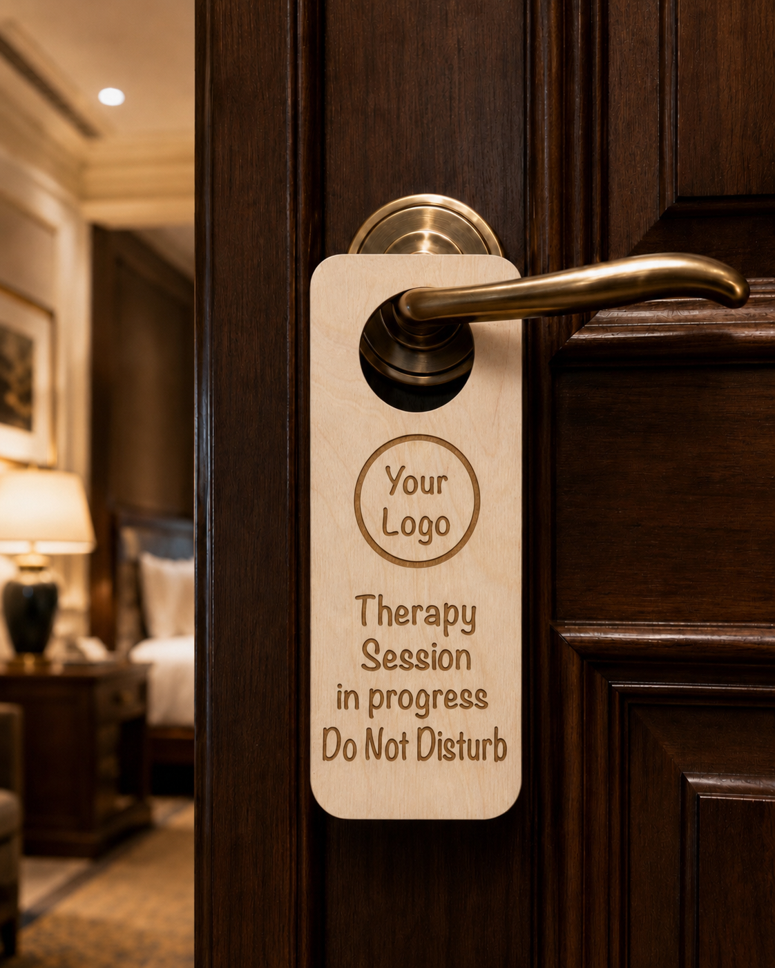 A wooden door with a lock and a sign that reads 'Your Logo, Therapy Session in progress, Do Not Disturb' in a hotel or therapy room.