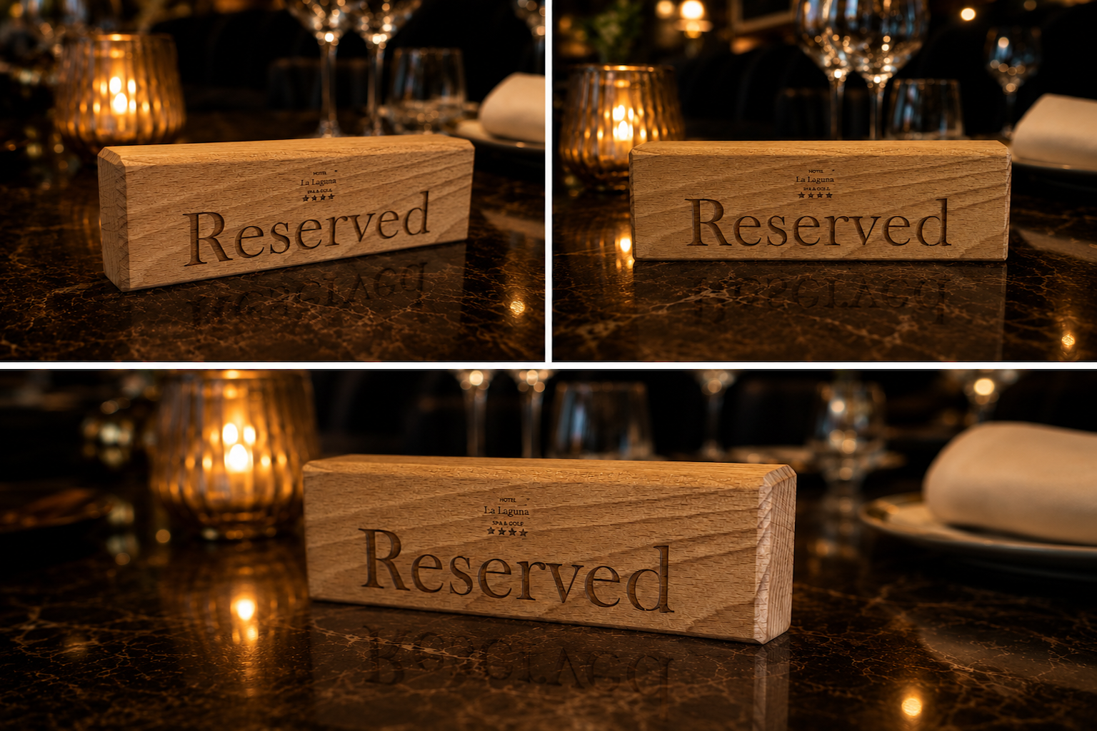 A wooden table sign engraved with the word 'Reserved', placed on a dark marbled table in an elegant dining setting with candles and glassware in the background.