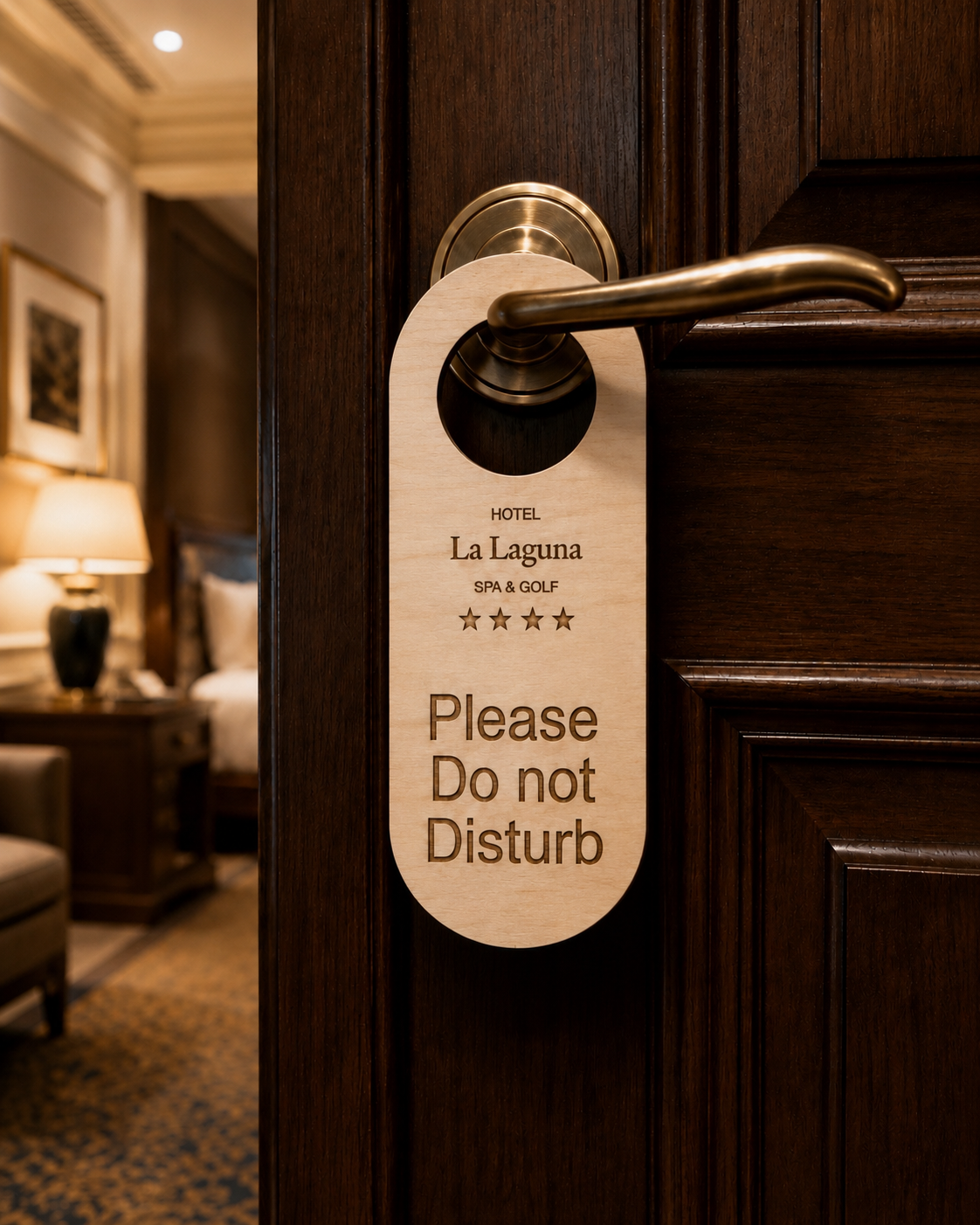 Hotel door with a sign reading 'Please Do not Disturb', in a warmly lit room with wooden furniture and decor.