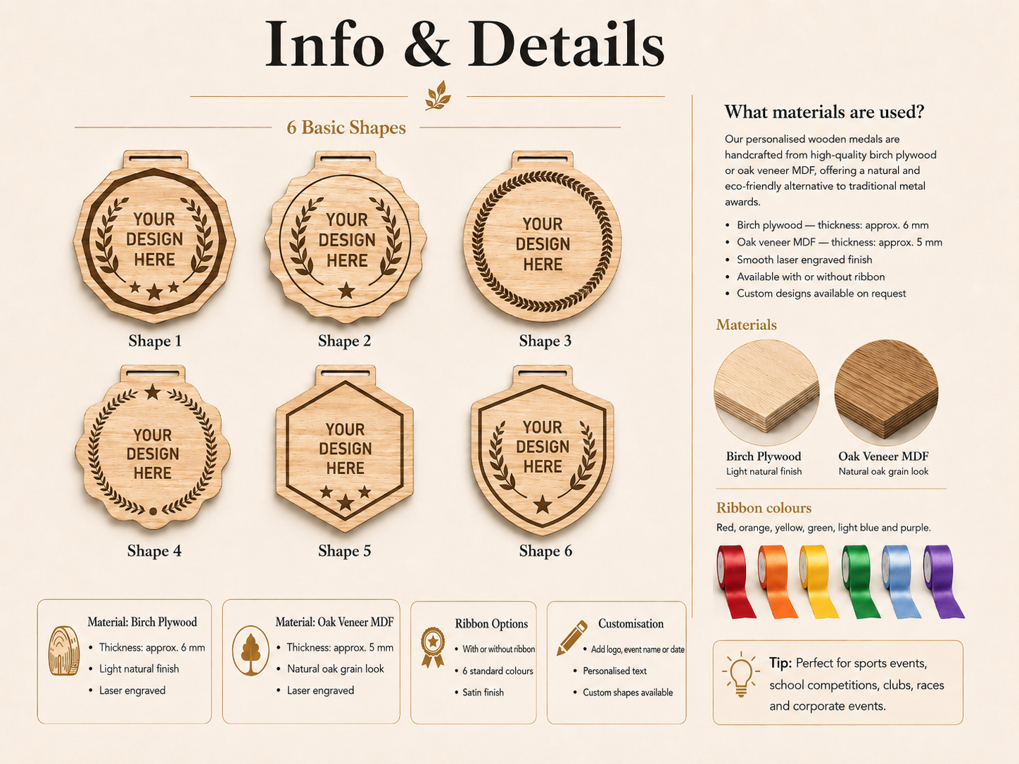 Display of six different wooden medal shapes labeled as Shape 1 through Shape 6, with customizable designs for medals made from birch plywood or oak veneer MDF, including details about materials, ribbon colors, and customization options.