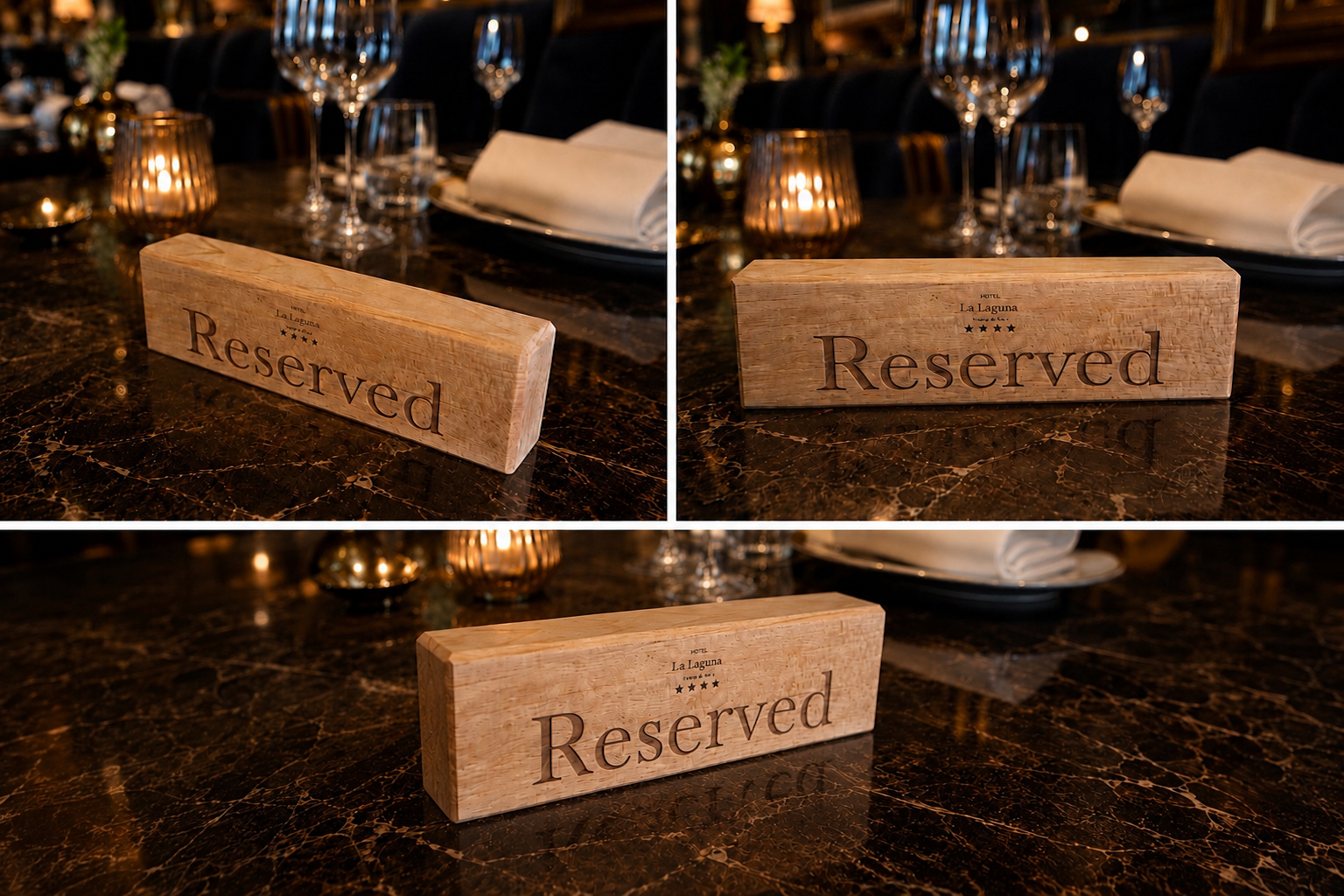 A reserved sign on a dark, polished marble table at a restaurant with utensils, glasses, napkins, and candle holders in the background.