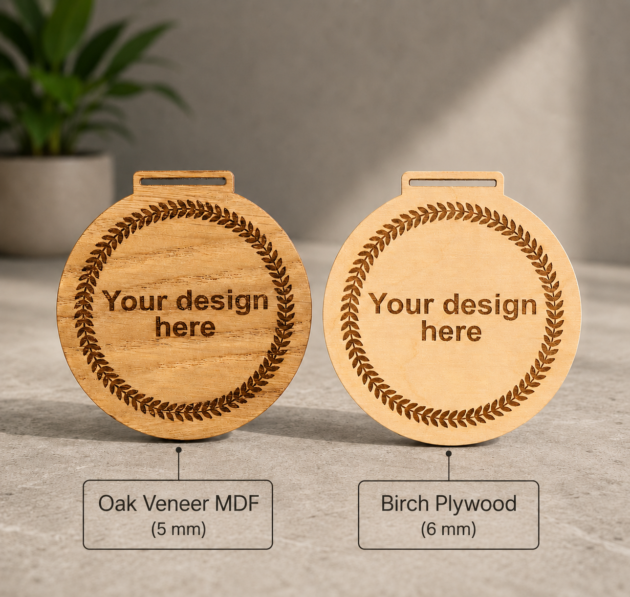 Two round wooden plaques with the text "Your design here" inside a laurel wreath design, one made of oak veneer MDF and the other of birch plywood, displayed on a surface with a potted plant in the background.