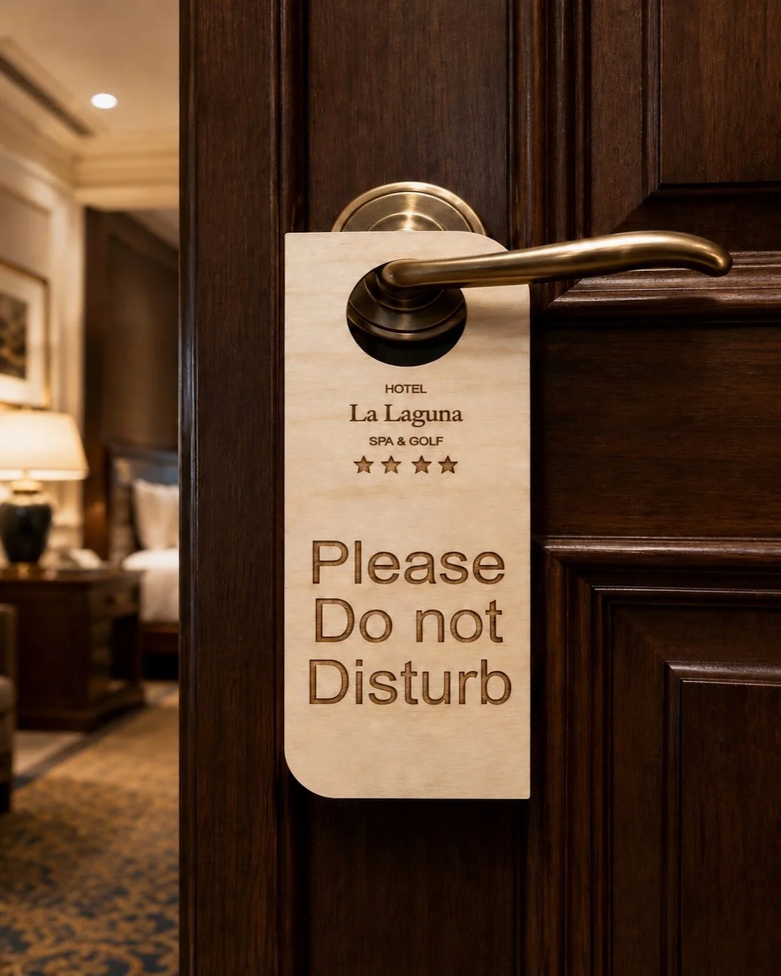 Wooden door with a sign that reads, "Please Do not Disturb," at the Hotel La Laguna Spa & Golf.