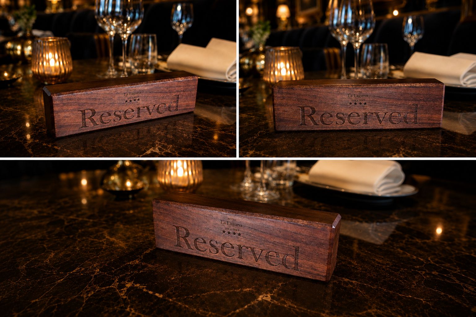A wooden 'Reserved' sign on a dark marble table at a restaurant, with glassware and a candle in the background.