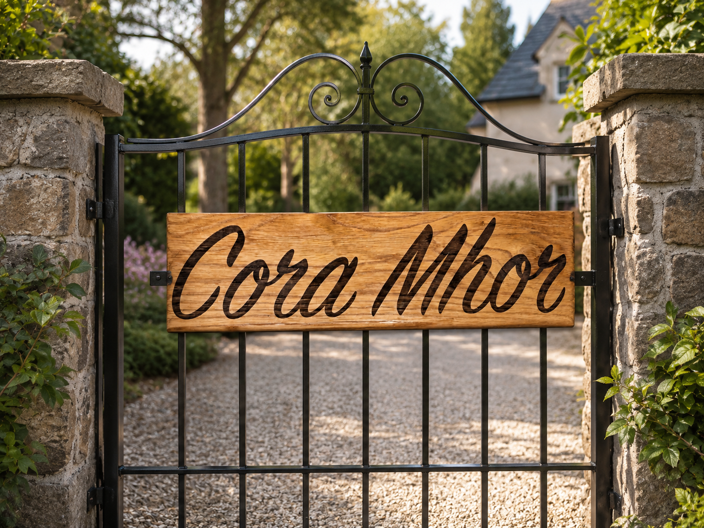 A decorative black wrought iron gate with a wooden sign that reads 'Cora Mhox' attached to it, flanked by stone pillars and surrounded by greenery and trees.