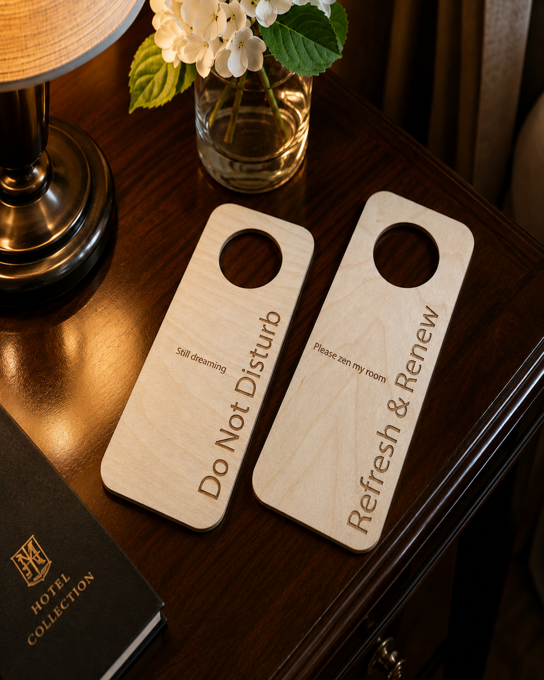Two wooden door hangers on a dark wooden bedside table, one saying "Do Not Disturb" and the other "Refresh & Renew," alongside a black lamp, a glass vase with white hydrangeas, and a black book titled "Hotel Collection."