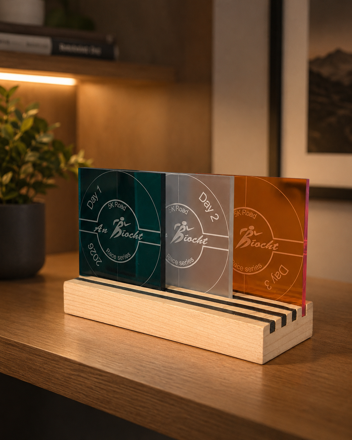 Three acrylic trophies on a wooden base with printed race details, placed on a wooden table in a cozy room with a potted plant and framed wall art.