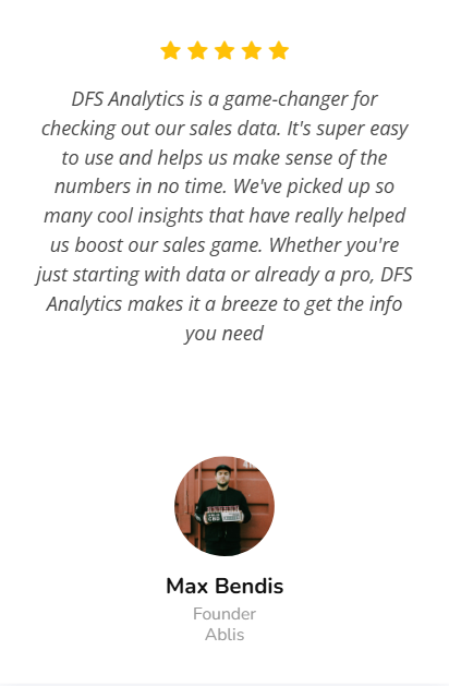 A testimonial about DFS Analytics with five gold stars, describing it as a game-changer for sales data analysis, highlighting ease of use and insightful features. Below the text is a circular photo of Max Bendis, founder of Ablis.