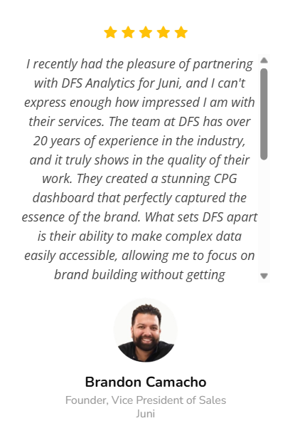 Customer testimonial with five-star rating, orange star icons, and a photo of Brandon Camacho, Founder and Vice President of Sales at Juni.