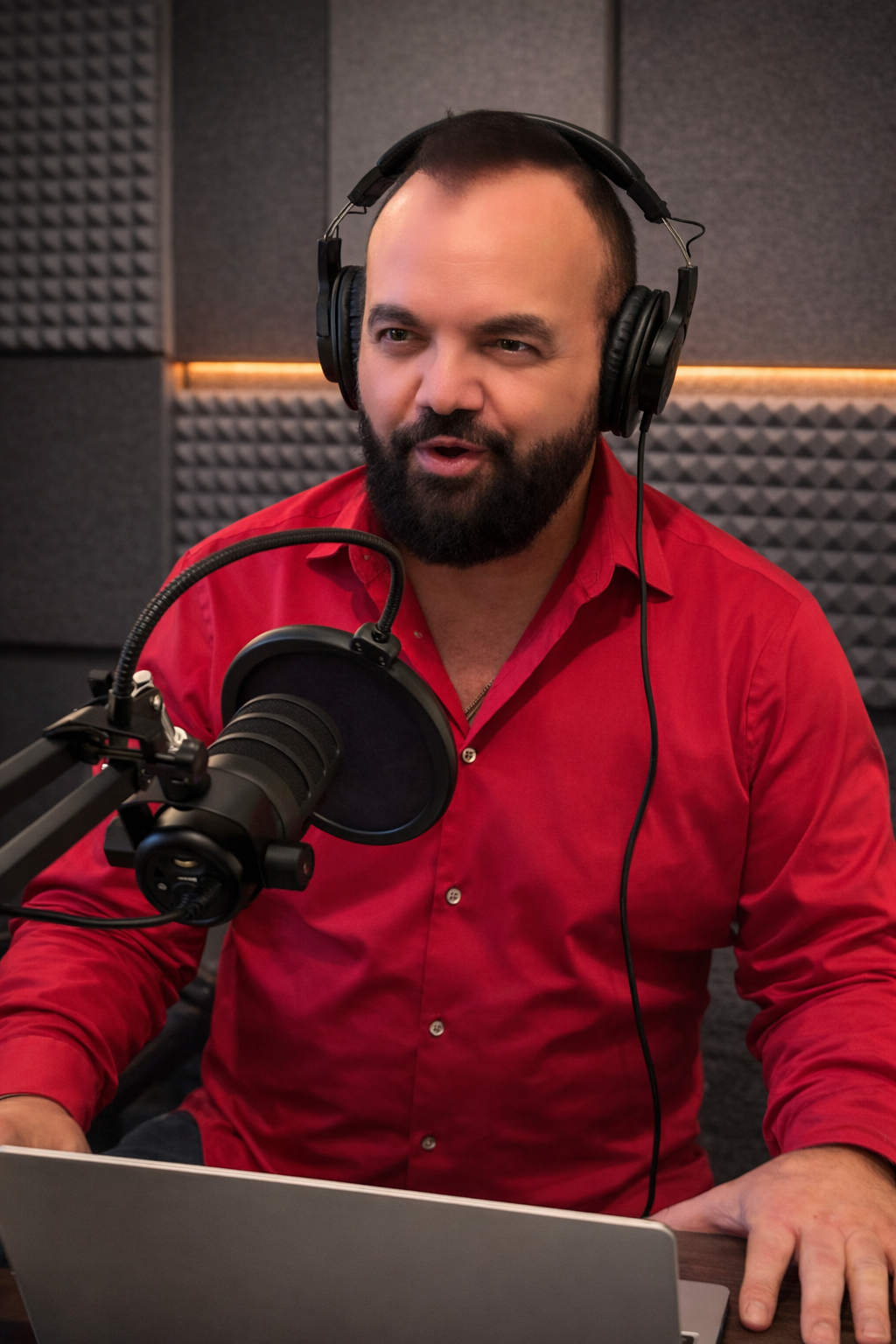 A man with a beard wearing a red shirt speaking into a microphone in a recording studio.