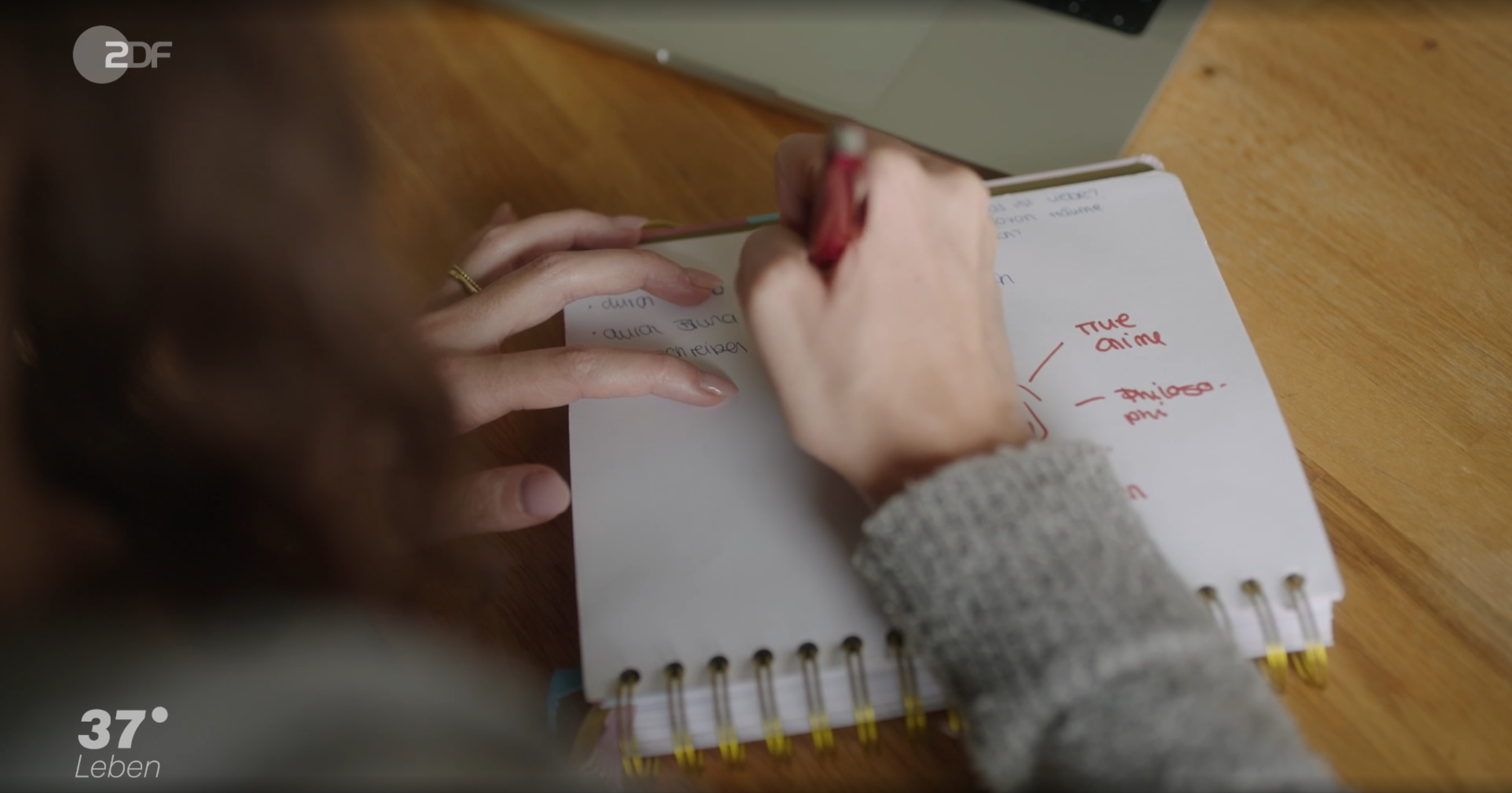 Nahaufnahme einer Person, die in ein Notizbuch schreibt, mit rotem Stift. Das Notizbuch liegt auf einem Holzschreibtisch, und in der oberen linken Ecke ist das ZDF-Logo sichtbar.