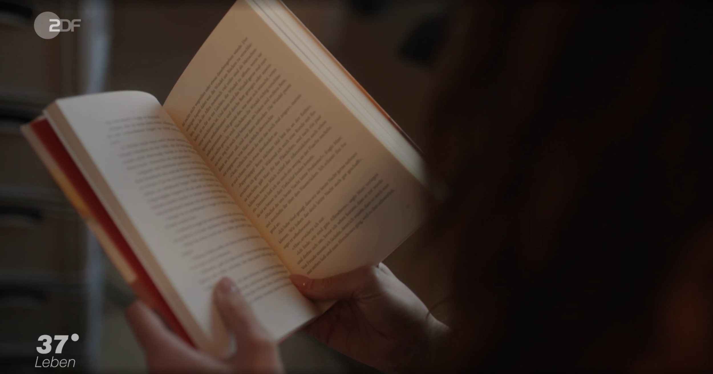 Eine Person liest ein in der Hand gehaltenes Buch, das von vorne fotografiert wurde.