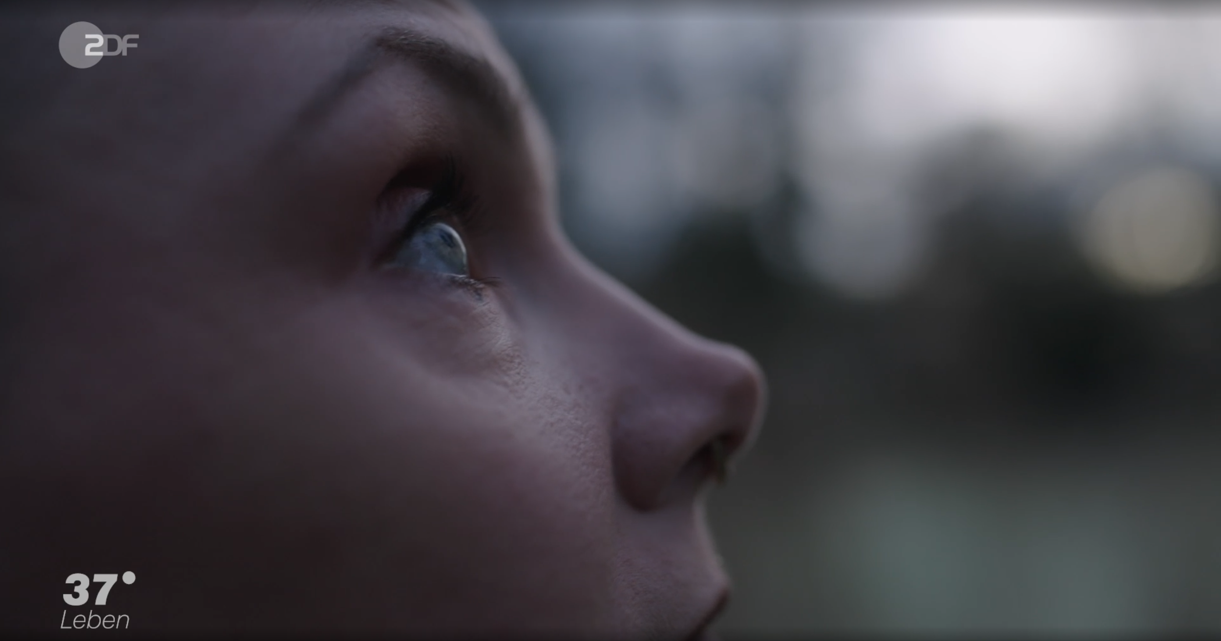 Nahaufnahme eines Menschenprofils mit Blick nach oben, im Hintergrund unscharf. Zeigt die Detailansicht von Auge, Nase und Wange.